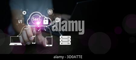 Concetto di tecnologia SaaS che mostra il servizio cloud software as a Service con intelligenza artificiale, storage dei dati e sicurezza informatica per le aziende online e le aziende intelligenti Foto Stock