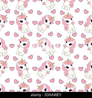 Motivo senza cuciture con simpatici unicorni e cuori. Illustrazione Vettoriale