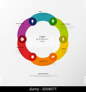 Un vivace grafico infografico circolare che visualizza visivamente i dati con più segmenti colorati con un'icona e un testo. Grafico infografico pre-esistente Illustrazione Vettoriale