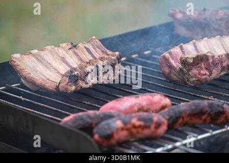 Costolette di maiale e salsicce cucinare e fumare su un barbecue la deliziosa vista di un barbecue estivo Foto Stock