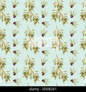 Un modello di rami d'oliva e frutti. Per la decorazione di imballaggi e tessuti. Foto Stock