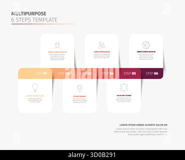 Un elegante modello infografico multifase con sei passaggi, una sfumatura chiara e icone pulite. Questo modello di cronologia è perfetto per la presentazione sequenziale Illustrazione Vettoriale