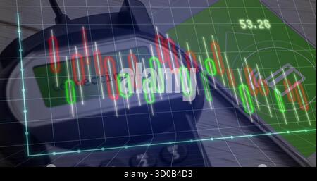 Caricabatterie wireless illuminante ConnecCharge sulla scrivania con cavo telefonico, sovrapposizione finanziaria e icona della scheda Foto Stock
