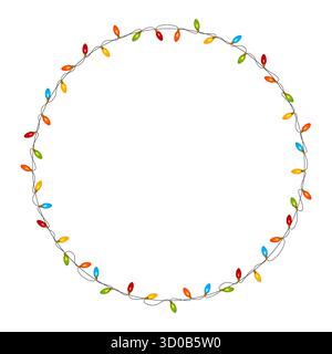 Telaio rotondo realizzato in una ghirlanda festosa con lampadine multicolore. Luci decorative anni '80 anni '90 per Natale, Capodanno, compleanno, carnev Illustrazione Vettoriale