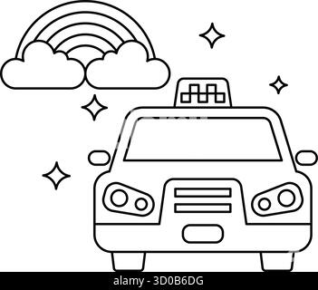 Un disegno in bianco e nero di un taxi con un arcobaleno sullo sfondo. Il taxi è parcheggiato in un parcheggio Illustrazione Vettoriale