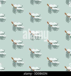Motivo senza cuciture con rami di pino innevato su sfondo verde menta. Sfondo foresta invernale vettoriale. Illustrazione Vettoriale