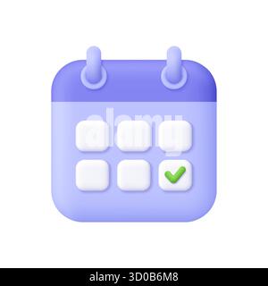 Calendario viola con segni di spunta. Gestione del tempo, pianificazione, scadenza, organizzazione, promemoria e concetto di pianificazione. icona vettoriale 3d. Cartoni animati minimali Illustrazione Vettoriale