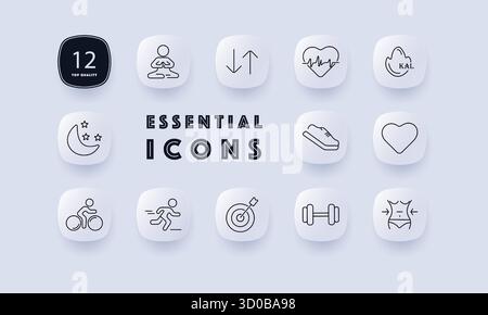 Icona stile di vita sano. Le icone mostrano yoga, ciclismo, corsa, sonno, battito cardiaco, manubrio, calorie bruciate, forma del corpo, freccia obiettivo, cuore, scarpa e ar Illustrazione Vettoriale