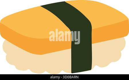 Un rettangolo dorato di omelette dolci si trova sul riso ed è fissato con una striscia di alghe scure Illustrazione Vettoriale