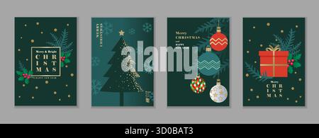 Buon Natale e felice anno nuovo 2026 Set di biglietti di auguri. Design moderno con palle di Natale, ramo d'albero, regalo e fiocco di neve. Scheda vettoriale alla moda Illustrazione Vettoriale