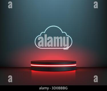 scena in 3d dark moody con piedistallo nero striscia rossa brillante e icona di cloud computing al neon sopra di essa che rappresenta l'innovazione tecnologica futuristica e. Illustrazione Vettoriale