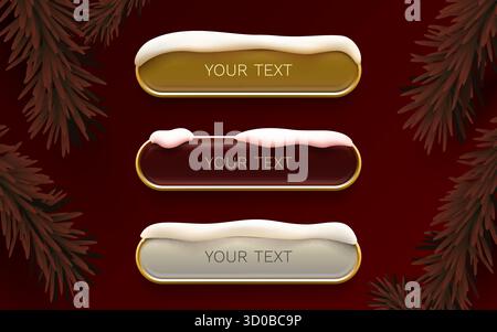 Elegante set di striscioni per le vacanze invernali con bottoni innevati e rami di pino. Illustrazione vettoriale Illustrazione Vettoriale