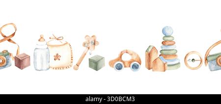 Giochi per bambini ad acquerello con motivo senza cuciture, bordo con fotocamera, pettorina, sonaglino, auto e piramide. Elementi in legno trafilati a mano per il vivaio o la tessera doccia per bambini Foto Stock