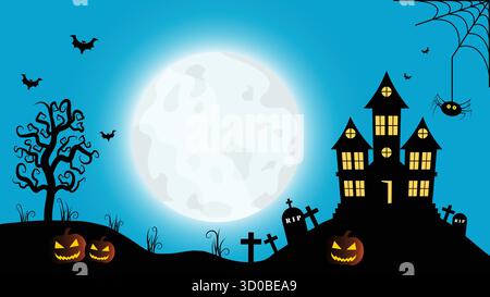 La sagoma raccapricciante del Graveyard Castle e delle zucche in Una notte di luna piena Illustrazione Vettoriale