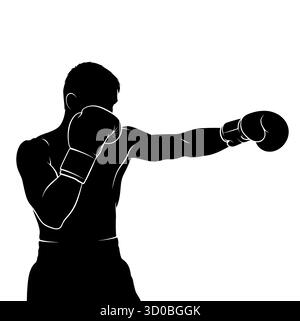 Silhouette del pugile maschile che lancia pugno su sfondo bianco. Illustrazione Vettoriale