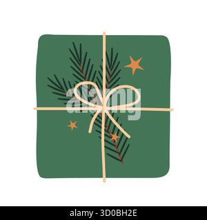 regalo di natale decorato con un ramo di abete e stelle dorate; composizione perfetta per biglietti d'auguri, poster e decorazioni invernali - illustrazione vettoriale Illustrazione Vettoriale