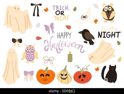 Buon Halloween set di elementi di design isolati. Impacco di clipart disegnato a mano in bianco. Illustrazioni di zucca, fantasma, ragno, gatto nero Illustrazione Vettoriale