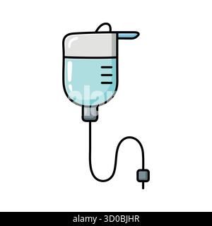 Illustrazione disegnata a mano di un sacchetto di gocciolamento IV in stile vettoriale piatto. Design pulito e minimale ideale per l'assistenza sanitaria, il benessere, l'ospedale o l'istruzione Illustrazione Vettoriale