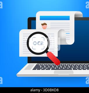 Concetto di riconoscimento ottico dei caratteri OCR con laptop e documento Illustrazione Vettoriale