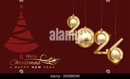 Banner natalizio di lusso con scritta a mano in oro buon Natale e 2026 auguri di buon anno e palle di Natale decorate in oro. Vettore Illustrazione Vettoriale