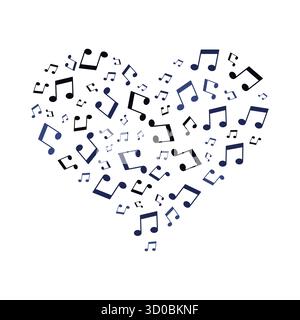 Note musicali blu sparse su una forma di cuore in bianco, illustrazione concettuale vettoriale. Illustrazione Vettoriale
