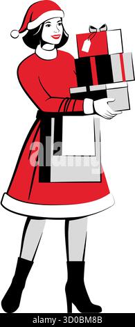 Bella donna in stile vintage che indossa un costume di Babbo Natale e regala regali di Natale, vacanze e shopping, isolata Illustrazione Vettoriale