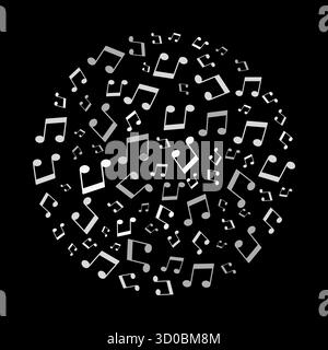 Questa immagine presenta una raccolta di note musicali, disposte su uno sfondo scuro per formare un complesso motivo circolare. Illustrazione del concetto vettoriale Illustrazione Vettoriale