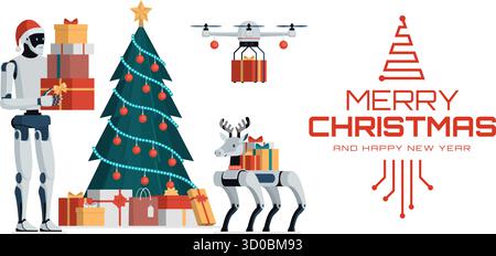Banner natalizio con desideri, albero decorato, Babbo Natale robotico, renne robot e drone Illustrazione Vettoriale