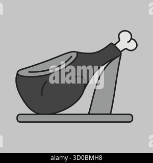 Icona minimalista in scala di grigi di un'intera gamba di jamon su un piedistallo. Ideale per piatti spagnoli, specialità gastronomiche, carne e ristoranti gourmet. Illustrazione Vettoriale