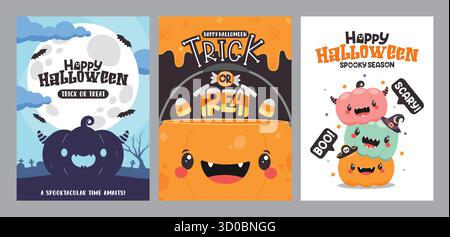 Buon Halloween e set di poster con cartolina di auguri. Buon Halloween saluto clip art di testo con zucche simpatiche e spaventose per spaventose Illustrazione Vettoriale