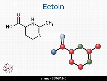 Molecola di ectoina. Osmoprotectant Extremolyte per idratazione della pelle, protezione da barriera e UV, spray nasale e oculare lenitivo per allergie. Foglio di Illustrazione Vettoriale