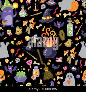 Simpatico disegno a mano felice Halloween festività sfondo senza cuciture. Zucca, fantasma, pipistrello. Stile piatto con elementi vettoriali. Testo dell'illustrazione dello sfondo Illustrazione Vettoriale