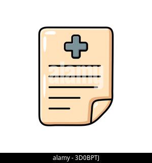 Illustrazione disegnata a mano di un documento o di un foglio di prescrizione con un simbolo a croce. Semplice design vettoriale piatto, ideale per l'assistenza sanitaria, l'ufficio, l'istruzione Illustrazione Vettoriale