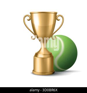Icona Vector 3D Gold Trophy Cup con pallina. Illustrazione del premio sportivo per il Campionato di tennis, la vittoria della partita, il premio del campione Illustrazione Vettoriale