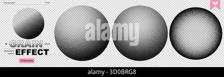 Mezzitoni spray astratti rotondi con motivo gradiente rumore grana trasparente. Questo set vintage è caratterizzato da un lavoro stocastico e texture incise con Illustrazione Vettoriale