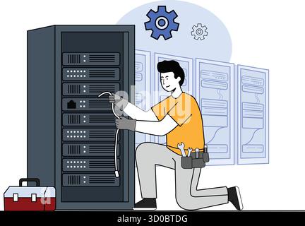 Immagine vettoriale piatta di un tecnico IT che ripara un server in un data center, simboleggia la manutenzione della tecnologia, la risoluzione dei problemi e il supporto tecnico in un moderno spazio di lavoro digitale Illustrazione Vettoriale