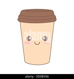 Carino tazza di caffè cartoni animati kawaii con coperchio. Illustrazione Vettoriale