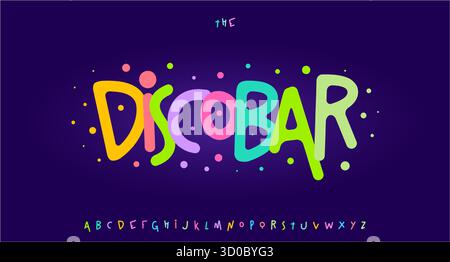 Logo a forma di carattere bizzarro e rimbalzante, discoteca allegra tipografia, scritta sagace arrotondata per il compleanno dei bambini, poster di carnevale, titoli divertenti e gioiosi Illustrazione Vettoriale