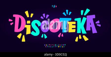 Logotipo a forma di font, alfabeto festoso disco, audace, colorata e giocosa tipografia per il compleanno dei bambini, vivace poster di carnevale, stravagante e divertente Illustrazione Vettoriale