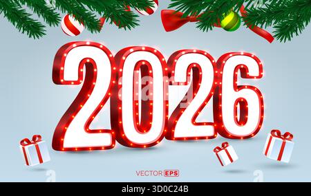 Felice anno nuovo 2026 sfondo festivo con numeri di luci tendone e decorazioni natalizie. Illustrazione vettoriale Illustrazione Vettoriale
