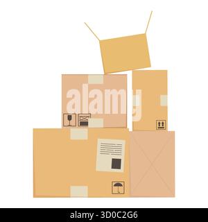 Scatole di cartone impilate isolate su bianco. Scatole di cartone con illustrazioni vettoriali con etichette di spedizione e icone di gestione per l'uso in editoriali, Web o p Illustrazione Vettoriale