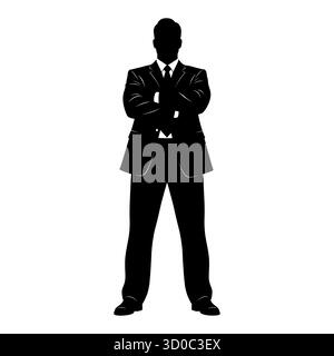 Silhouette di un uomo adulto sicuro in un completo con braccia incrociate su sfondo bianco. Illustrazione Vettoriale