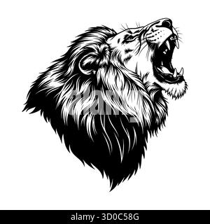 Illustrazione ruggente della testa di leone in bianco e nero. Illustrazione Vettoriale