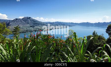 Vista panoramica del Lago Danau Batur con il Monte vulcanico Gunung Batur sullo sfondo, con acque tropicali e aspri paesaggi vulcanici. Foto Stock