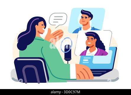Videoconferenza online sul laptop. Lavoro di squadra. Persone che discutono un'idea tramite collegamento video Illustrazione Vettoriale