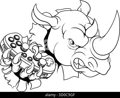 Rhino Rhinoceros Gamer Gaming Cartoon Mascot Illustrazione Vettoriale