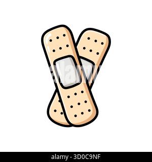 Illustrazione a doodle disegnata a mano di due bende adesive incrociate in stile vettoriale piatto. Perfetto per assistenza sanitaria, pronto soccorso, benessere, istruzione e carrello Illustrazione Vettoriale