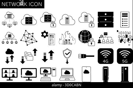 Set di icone di linea relative alla rete di 28 elementi, tra cui cloud computing, server dati, router, riunione remota, upload e download, sicurezza, dispositivi e int Illustrazione Vettoriale