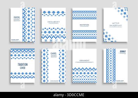 Collezione di copertine ornamentali, modelli, cartelloni, opuscoli, striscioni, sfondi. Poster nativi bianchi e blu con elementi ornati Illustrazione Vettoriale