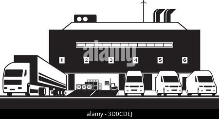 Distribuzione delle merci dal carrello ai furgoni di consegna in magazzino - illustrazione vettoriale Illustrazione Vettoriale